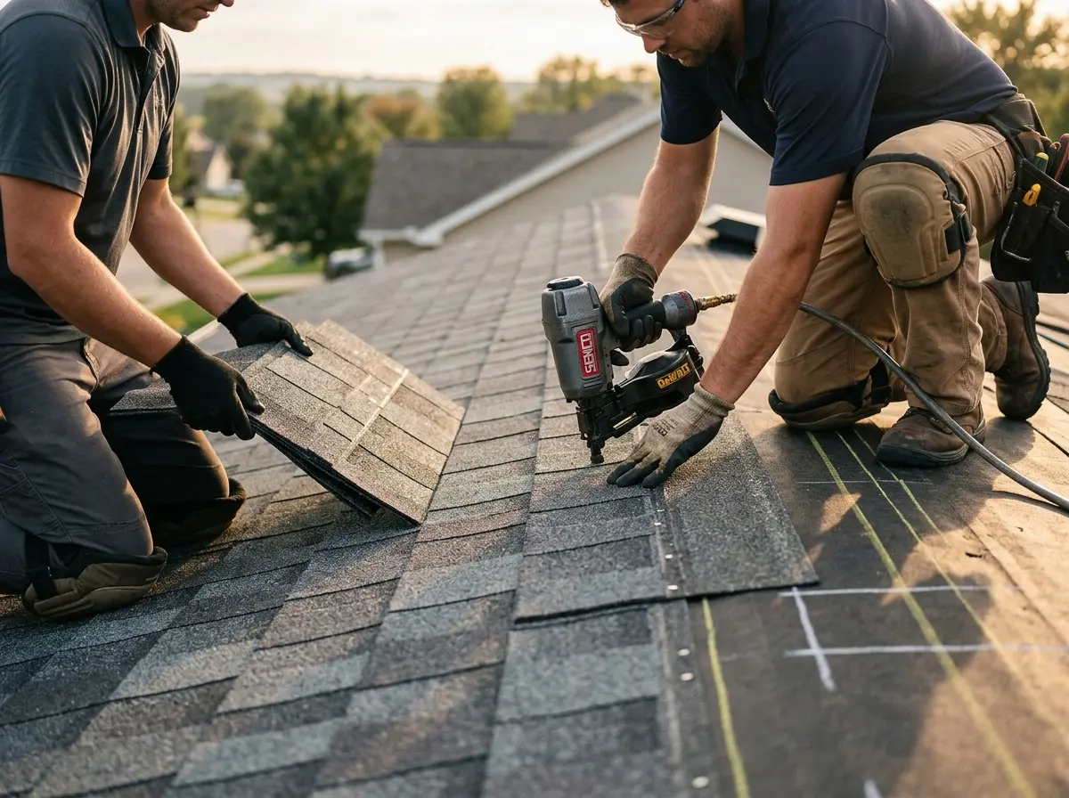 Professional roofer working on a residential roof in St. Simons
